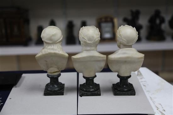 A set of six early 19th century Italian carved alabaster busts of artists and writers, height 8.25in.